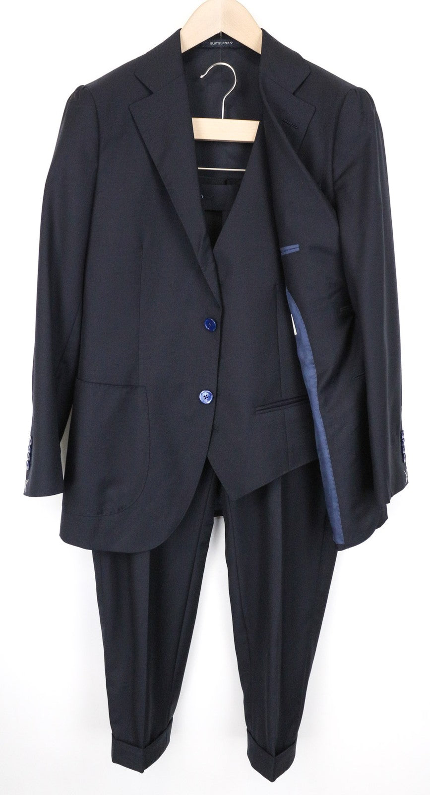 SUITSUPPLY La Spalla Men's Suit UK34S Navy Blue 3 Piece Pure Wool Single-Breast