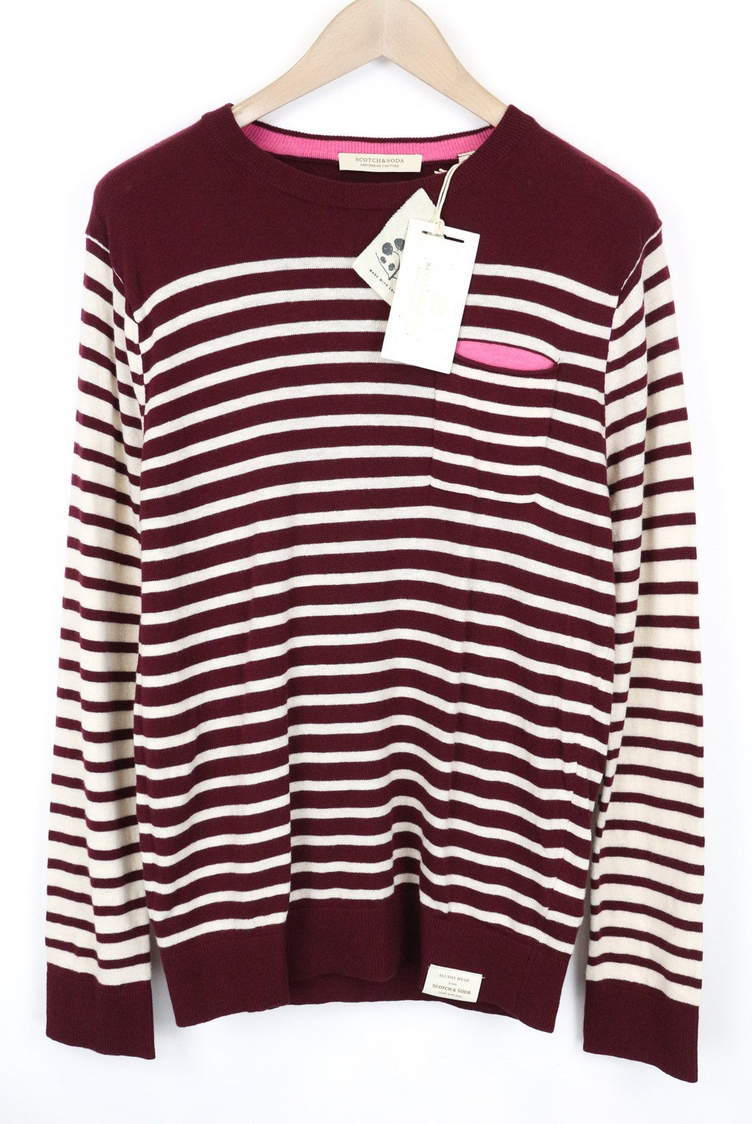 SCOTCH &amp; SODA Ams Couture vyriškas džemperis su violetinėmis raudonomis juostelėmis, vilnoniu medvilniniu megztiniu, S dydžio 