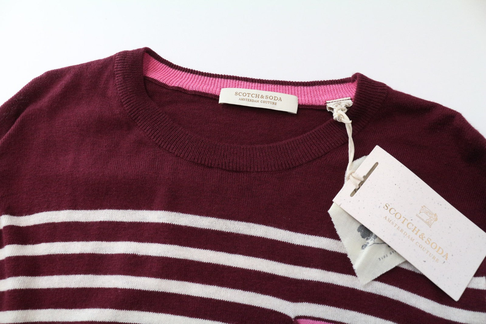 SCOTCH &amp; SODA Ams Couture vyriškas džemperis su violetinėmis raudonomis juostelėmis, vilnoniu medvilniniu megztiniu, S dydžio 