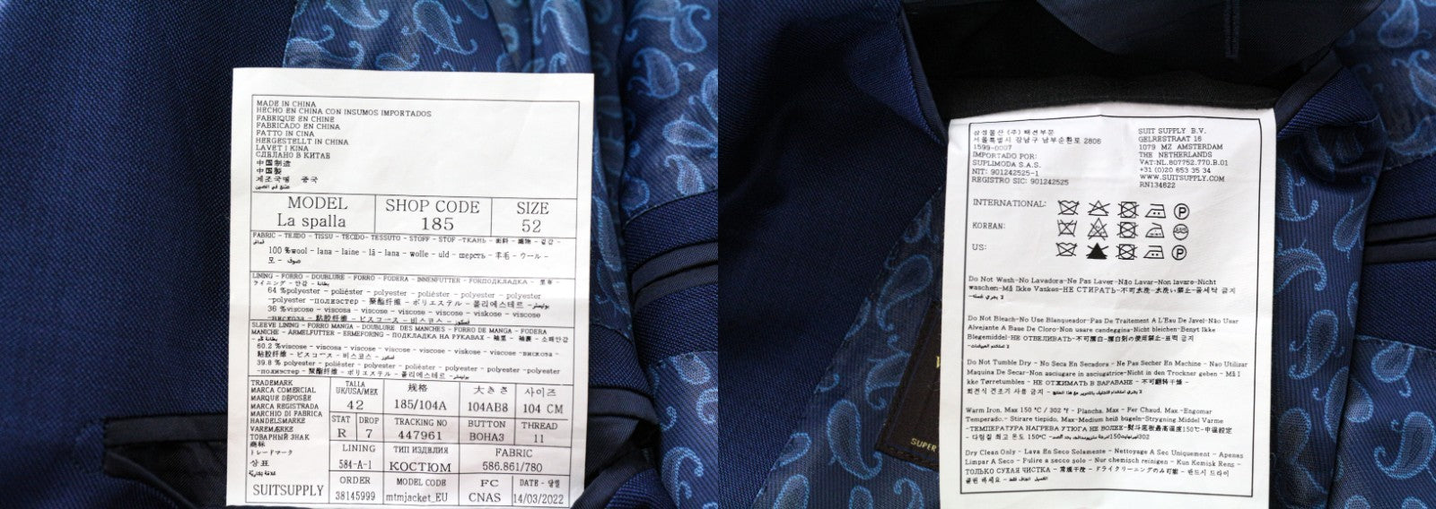 SUITSUPPLY La Spalla Men's Suit UK42R Blue 3 Piece Pure Wool Single-Breasted Set