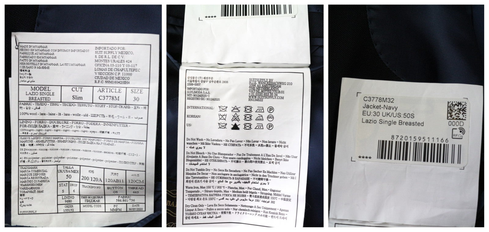 SUITSUPPLY Lazio Men's Suit UK50S Blue Slim 3Pc Perennial S110s Wool Blend