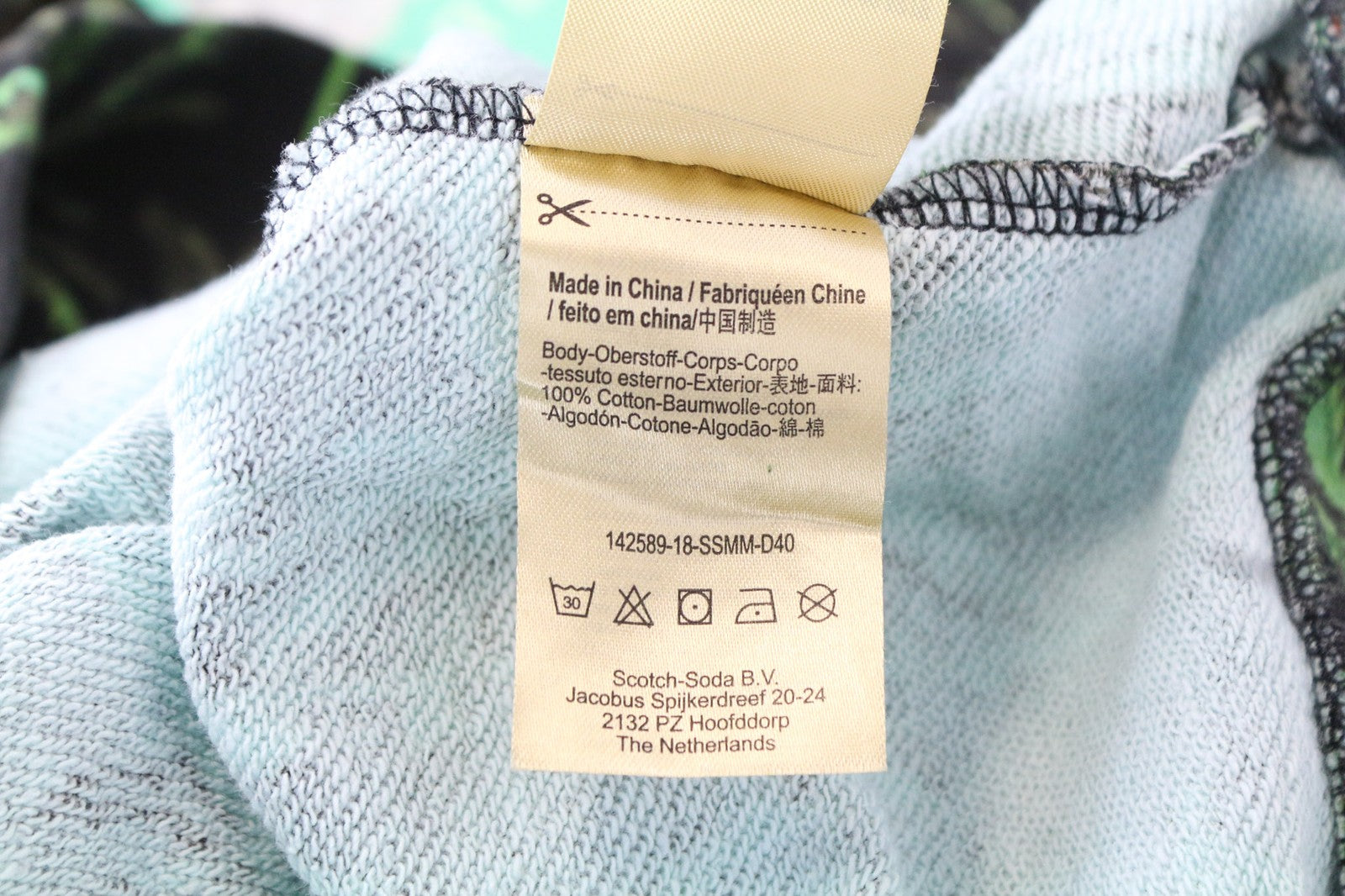 SCOTCH &amp; SODA vyriškas džemperis su gobtuvu, žalias, L dydžio, su delnų raštu, grynos medvilnės džersio raštu 