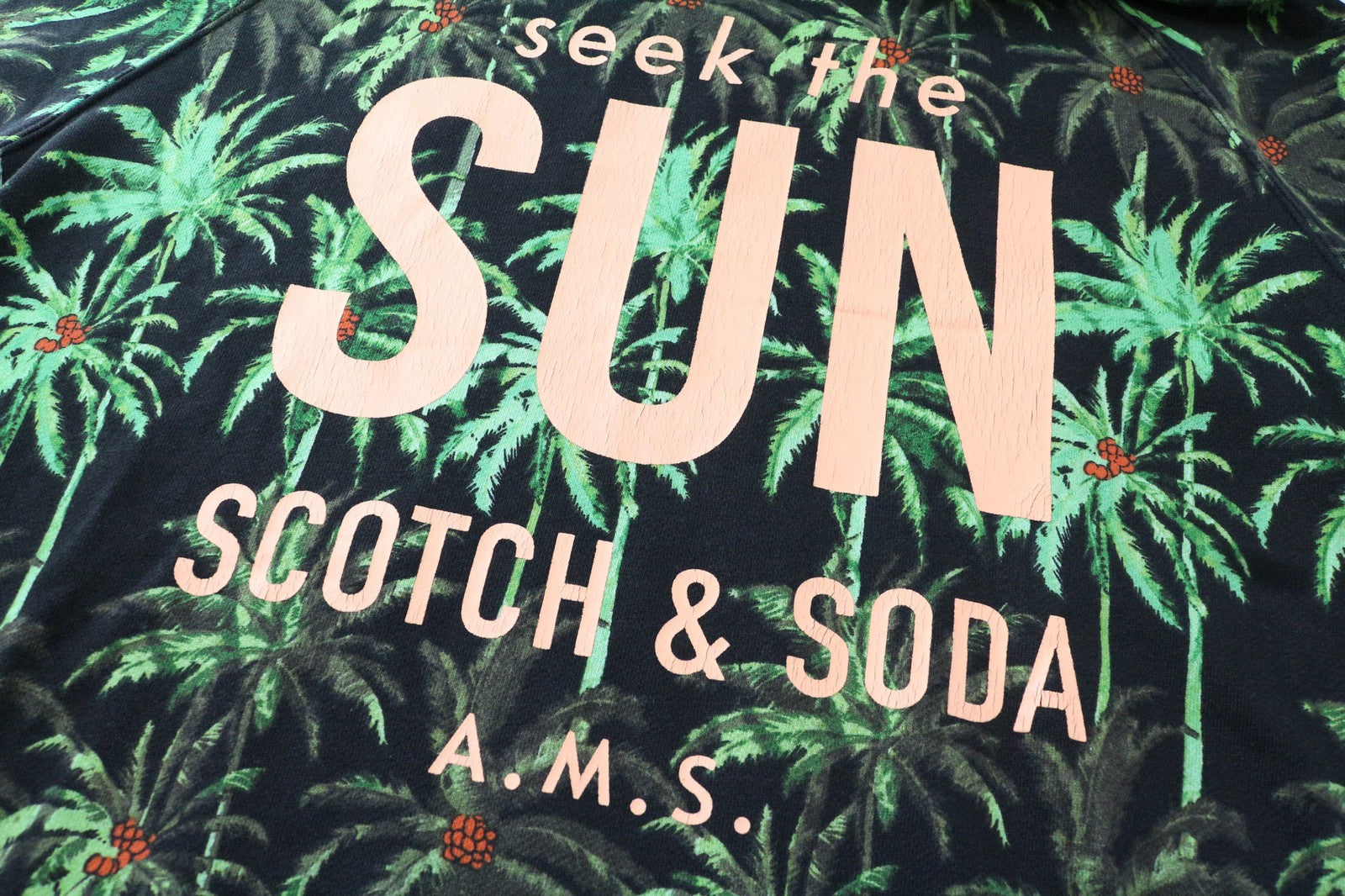 SCOTCH &amp; SODA vyriškas džemperis su gobtuvu, žalias, L dydžio, su delnų raštu, grynos medvilnės džersio raštu 