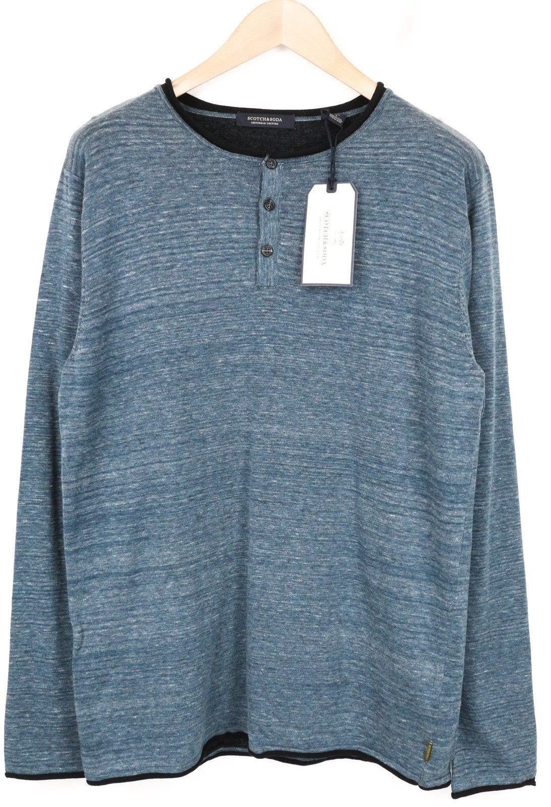 SCOTCH &amp; SODA vyriški marškinėliai L dydžio, megzti plonu kaklu, mėlyni melanžo spalvos, grynos medvilnės 