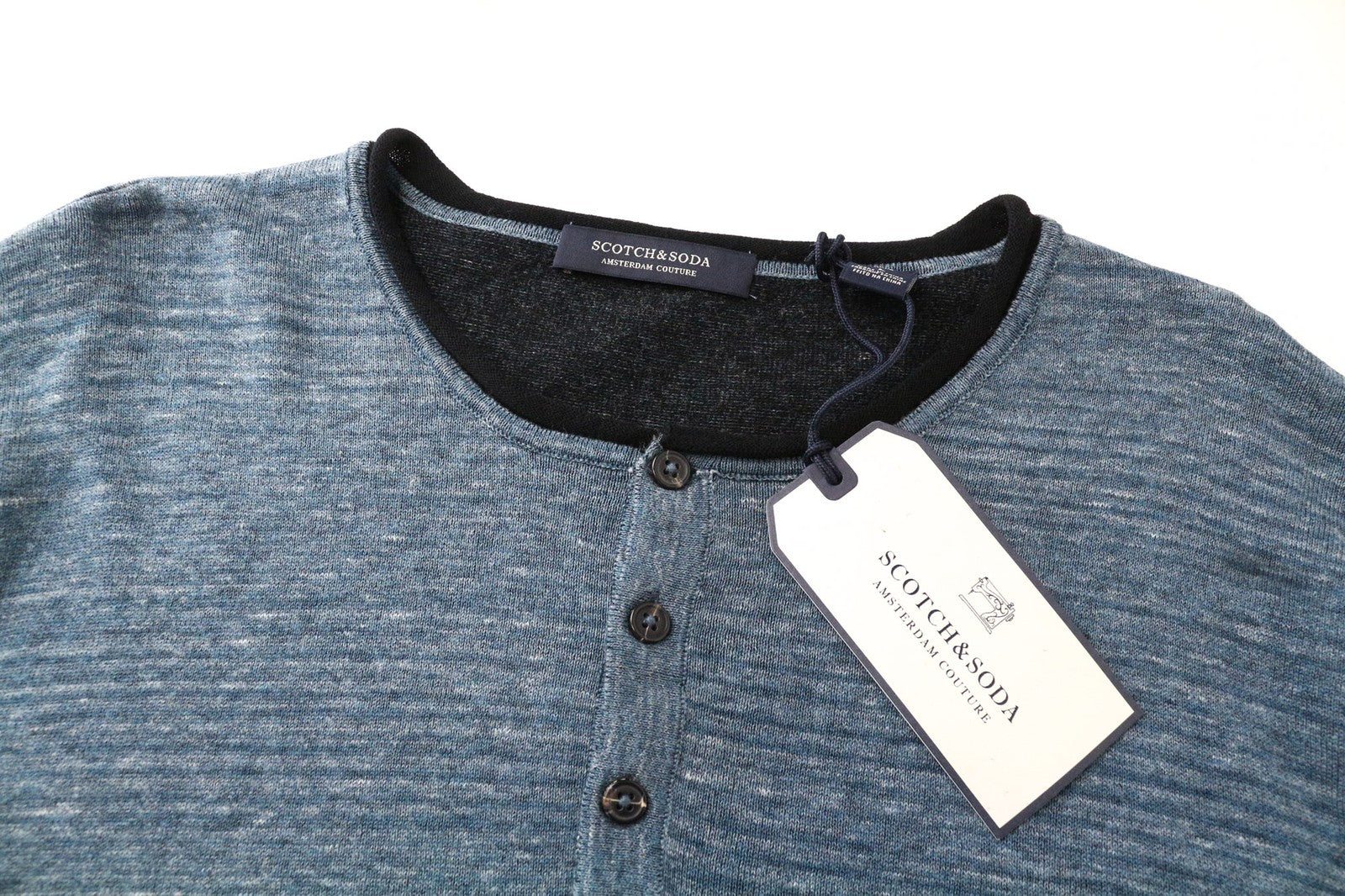 SCOTCH &amp; SODA vyriški marškinėliai L dydžio, megzti plonu kaklu, mėlyni melanžo spalvos, grynos medvilnės 