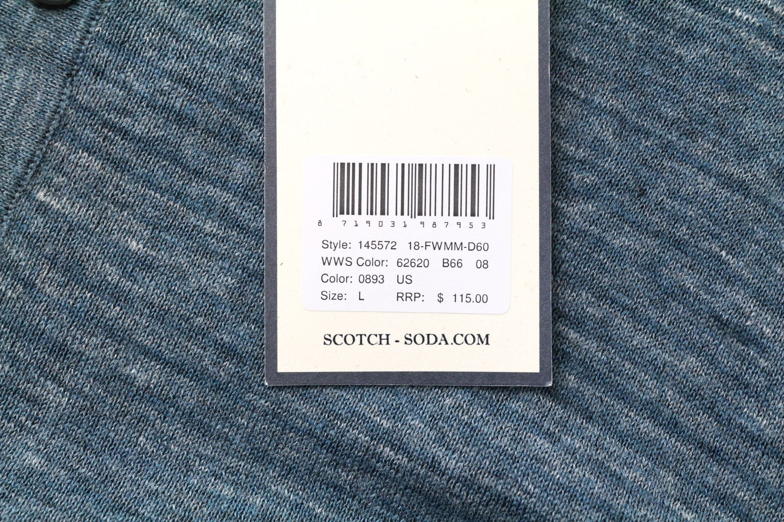 SCOTCH &amp; SODA vyriški marškinėliai L dydžio, megzti plonu kaklu, mėlyni melanžo spalvos, grynos medvilnės 