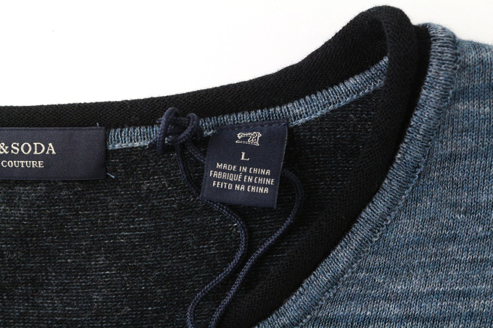 SCOTCH &amp; SODA vyriški marškinėliai L dydžio, megzti plonu kaklu, mėlyni melanžo spalvos, grynos medvilnės 