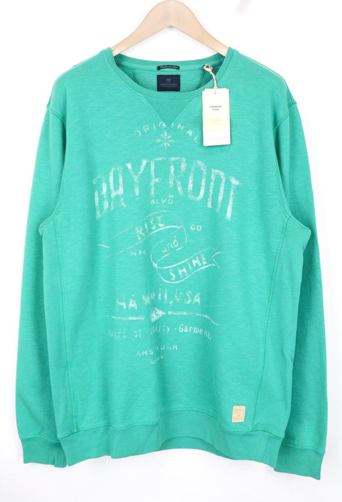 SCOTCH &amp; SODA vyriškas džemperis su žaliu apvalia kaklo iškirpte ir grafiniu raštu, flisinis audinys 