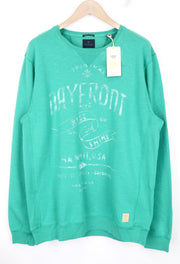 SCOTCH &amp; SODA vyriškas džemperis su žaliu apvalia kaklo iškirpte ir grafiniu raštu, flisinis audinys 