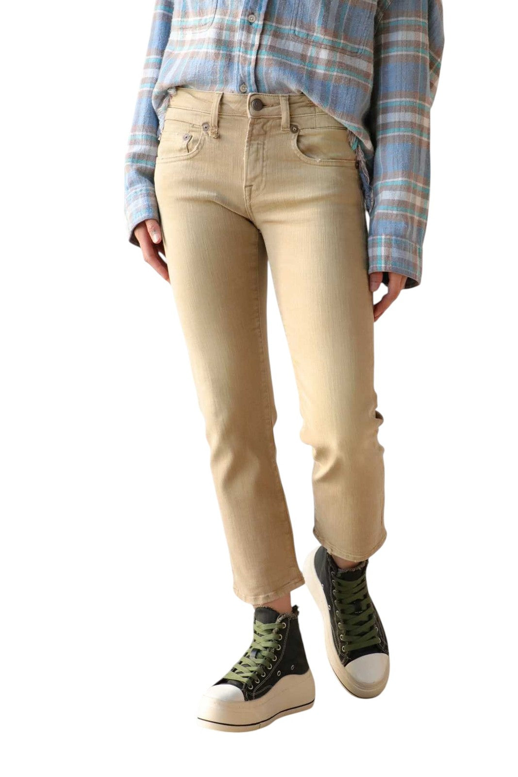 R13 Boy Straight Women Jeans 29 Khaki Stretch Faded Cropped Ankle Length RRP€699