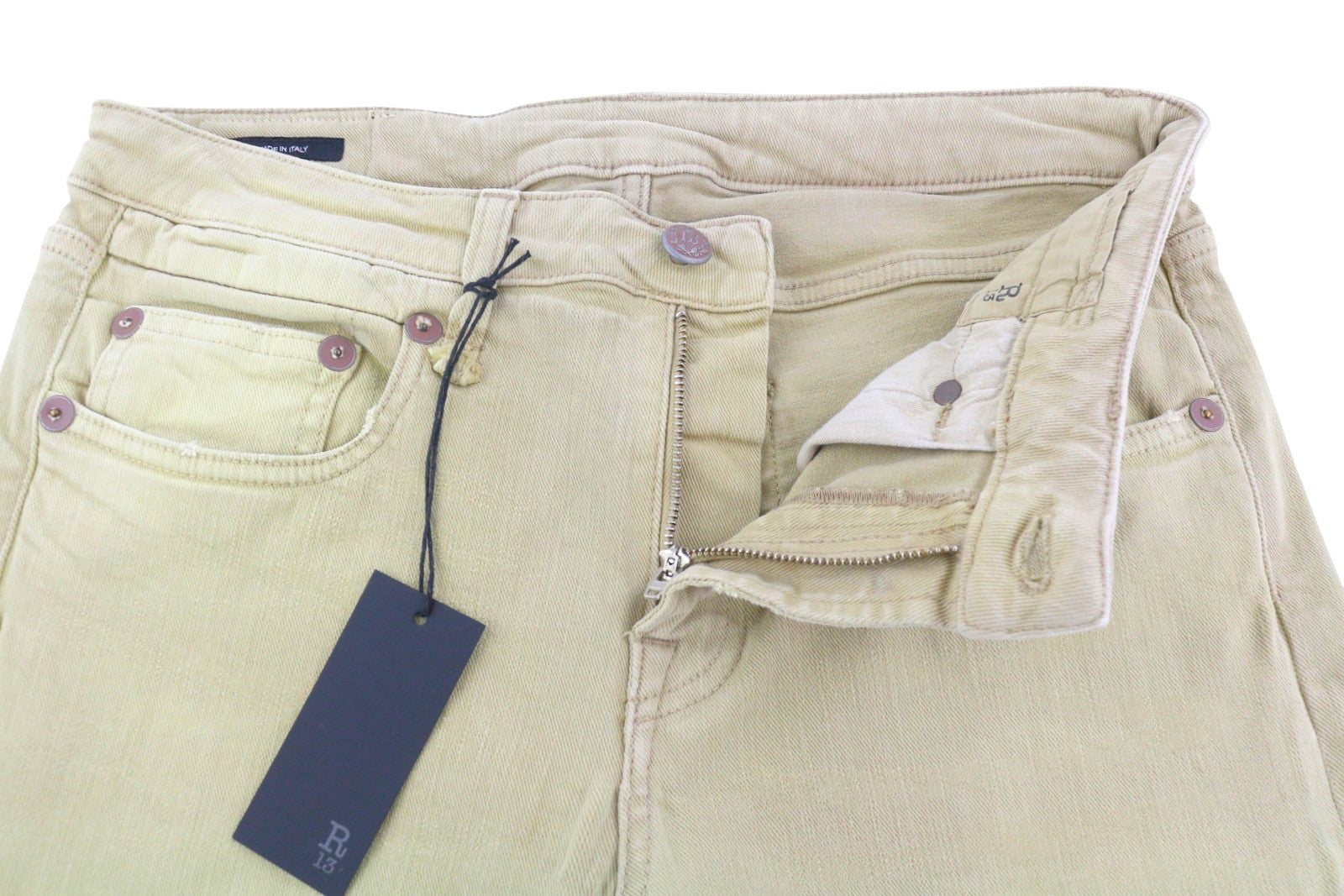 R13 Boy Straight Women Jeans 29 Khaki Stretch Faded Cropped Ankle Length RRP€699