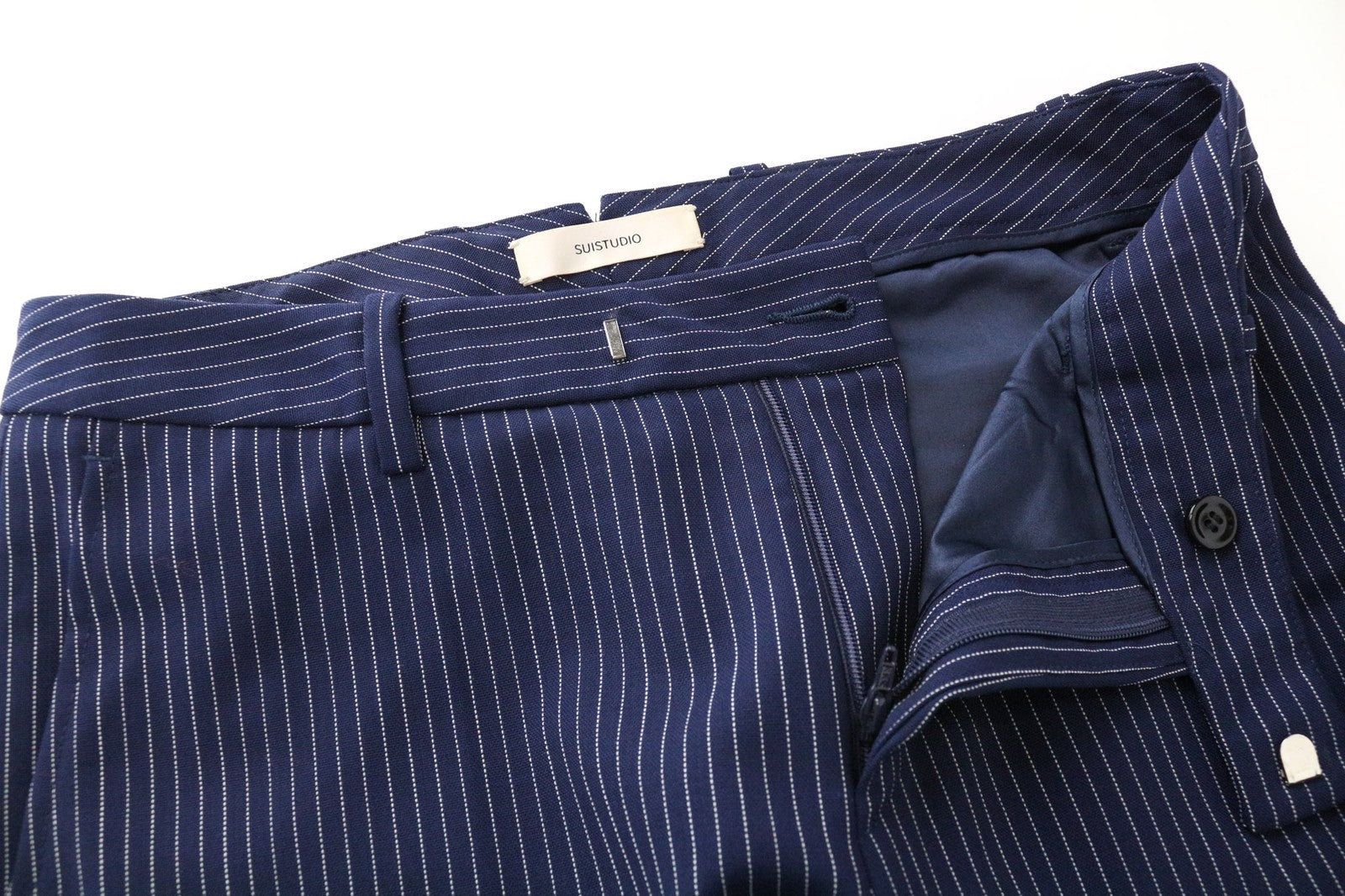 SUISTUDIO Robin moteriškos kelnės UK6R vilnonės dryžuotos mėlynos klostuotos plonos oficialios 