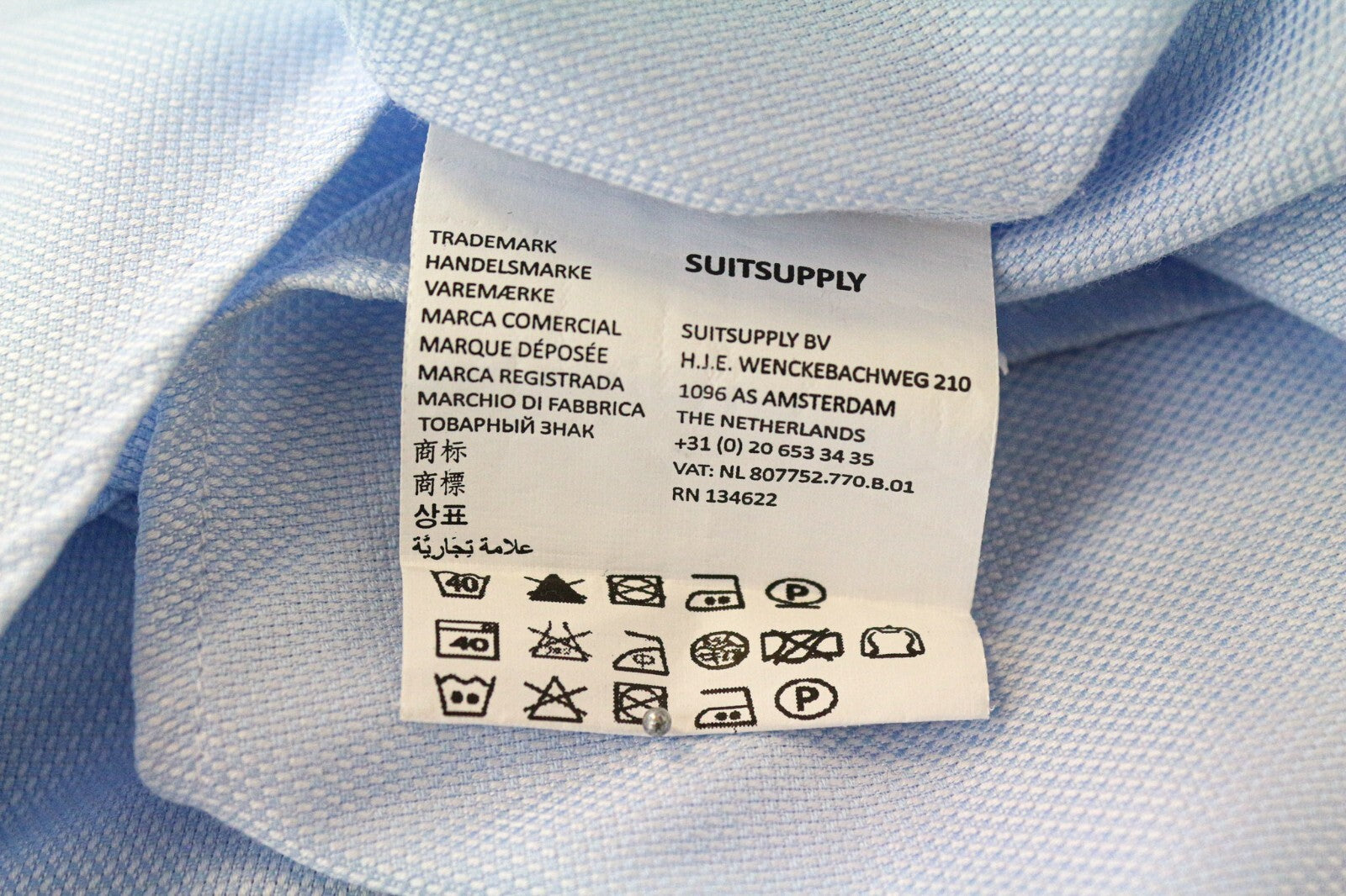 SUITSUPPLY vyriški marškinėliai 45/17 3/4 ploni grynos medvilnės šviesiai mėlyni ilgomis rankovėmis 