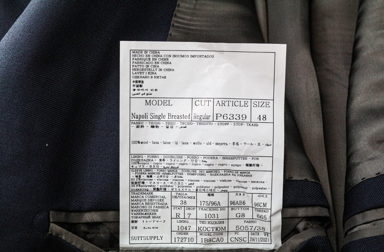 SUITSUPPLY Napoli Men's Suit UK38R Navy Blue Pure Wool Notch Lapel 2-Piece Lined