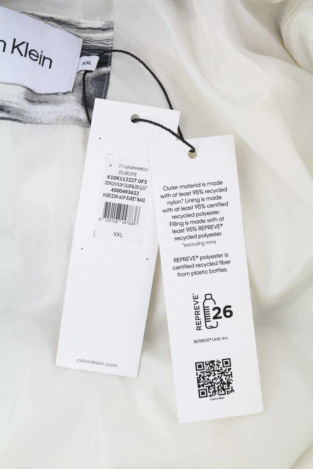 CALVIN KLEIN gofruotas nailoninis spalvotas dygsniuotas vyriškas švarkas, 2XL, raštuotas, RRP 325 € 