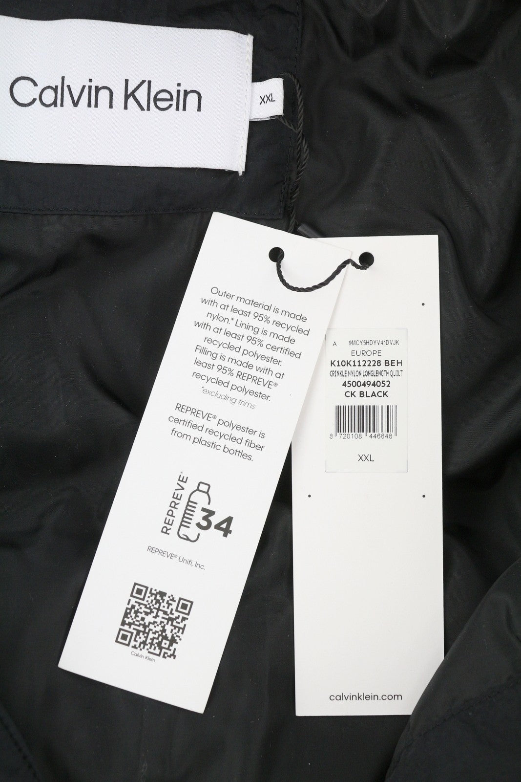 CALVIN KLEIN Crinkle Nylon Long Length Quilt vyriška striukė, 2XL, juoda, paminkštinta, RRP 379 € 