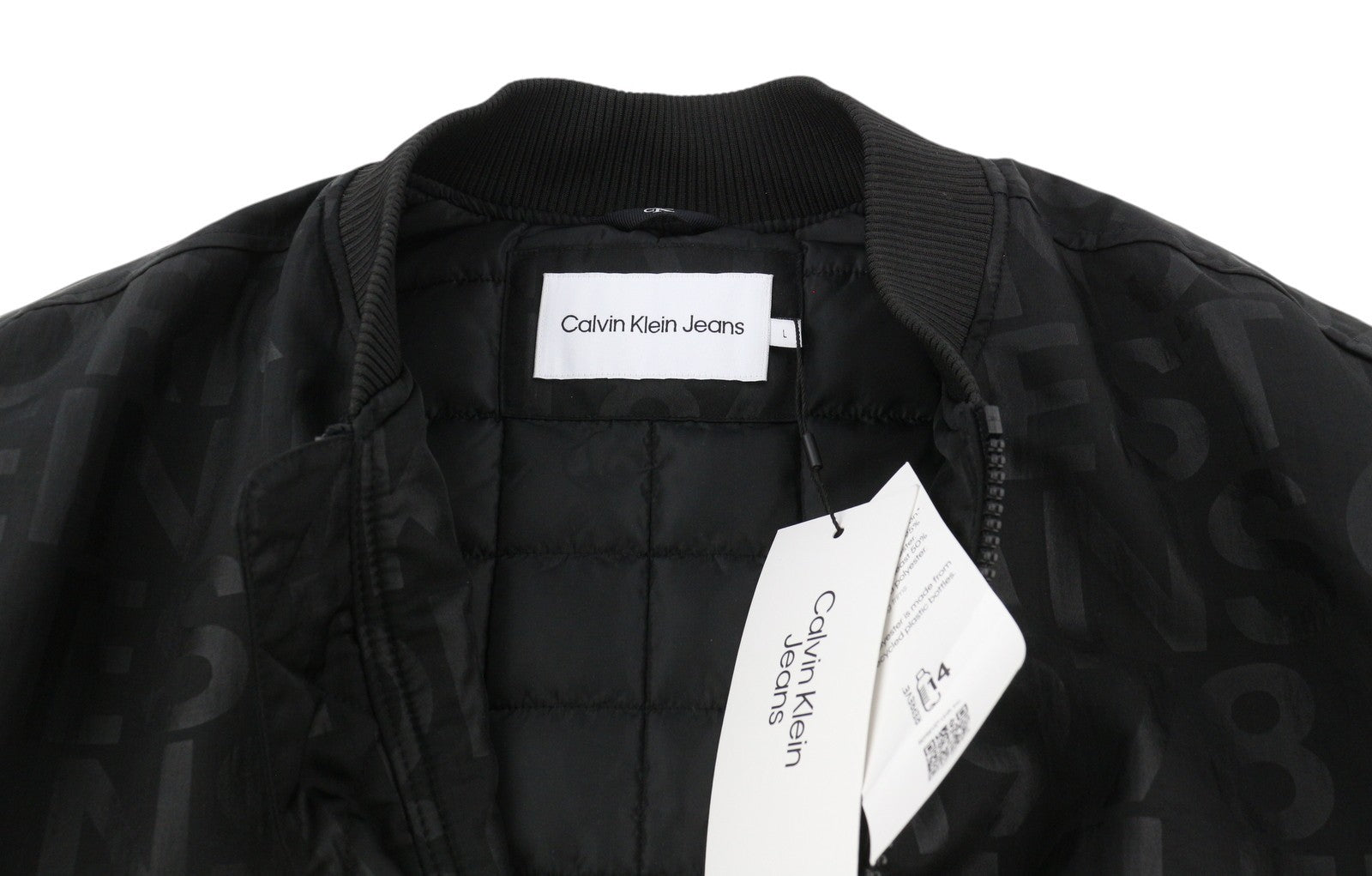 CALVIN KLEIN vyriška striukė L, juoda, su logotipo spauda, ​​izoliuota, laisvo kirpimo bomber striukė, rekomenduojama kaina – 149 € 