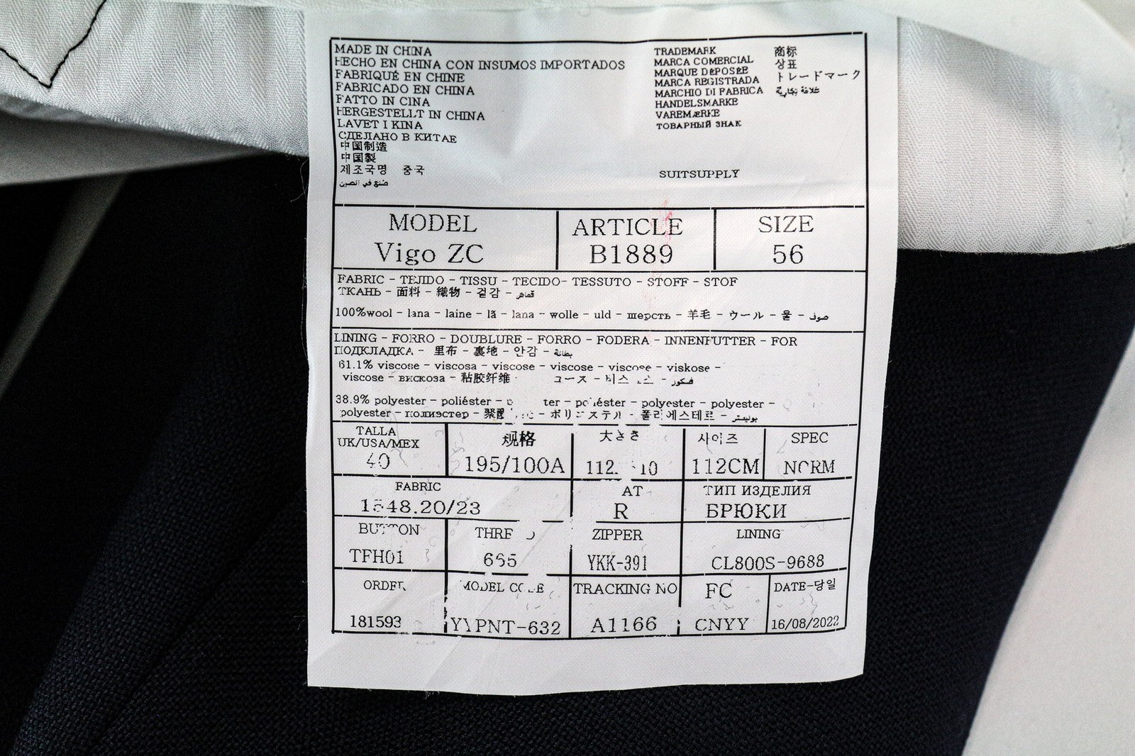 SUITSUPPLY Vigo Men's Trousers UK40R Navy Wool Side Adjusters Pleated Front