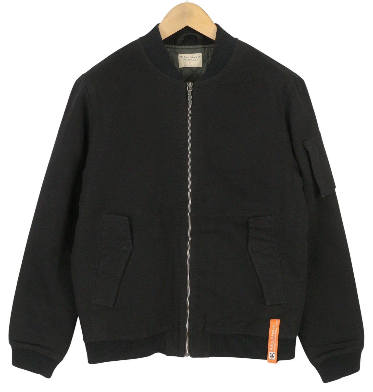 NUDIE JEANS vyriška striukė M, juoda, su pilnu užtrauktuku, užlopytomis kišenėmis, pamušalu, lengva bomber striukė 