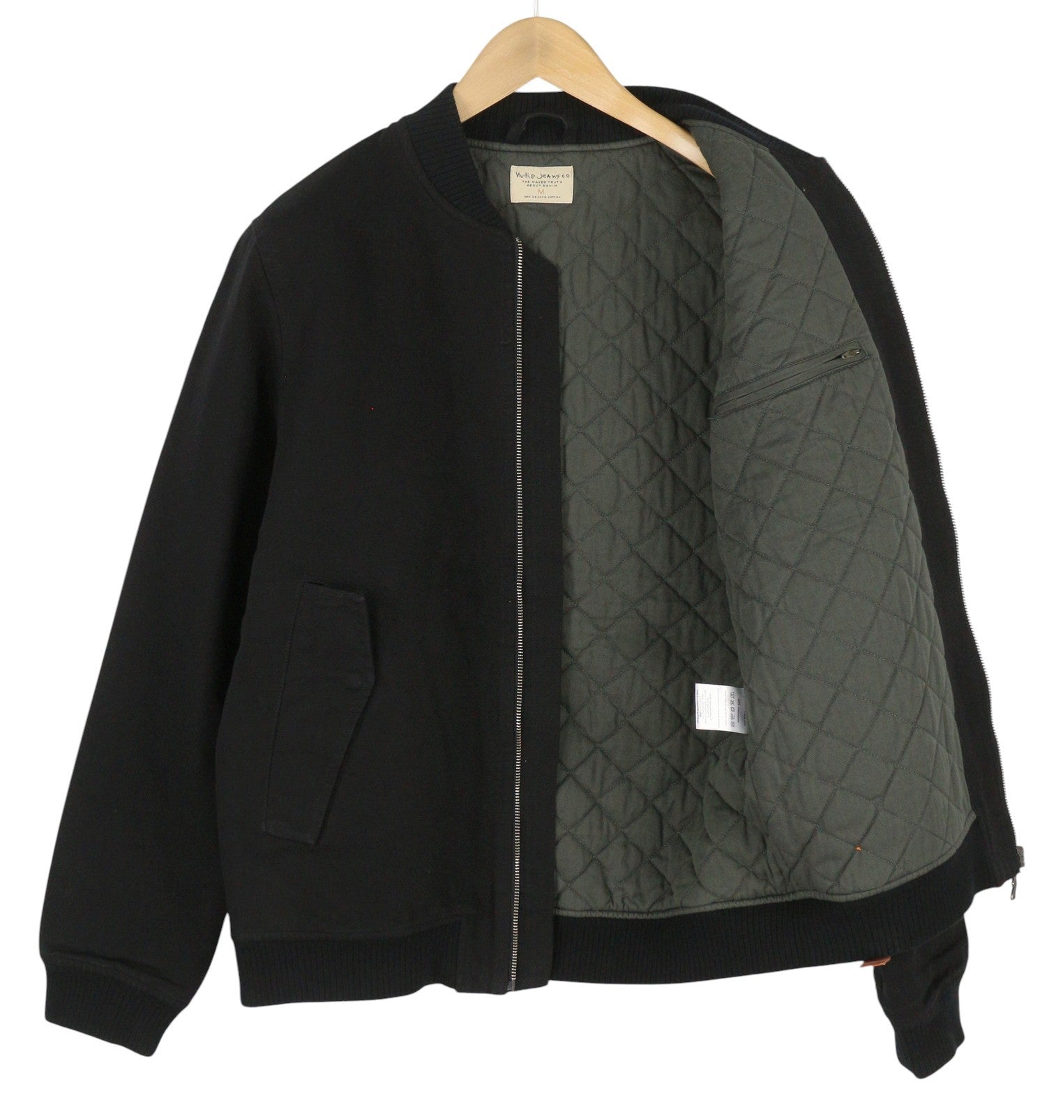 NUDIE JEANS vyriška striukė M, juoda, su pilnu užtrauktuku, užlopytomis kišenėmis, pamušalu, lengva bomber striukė 