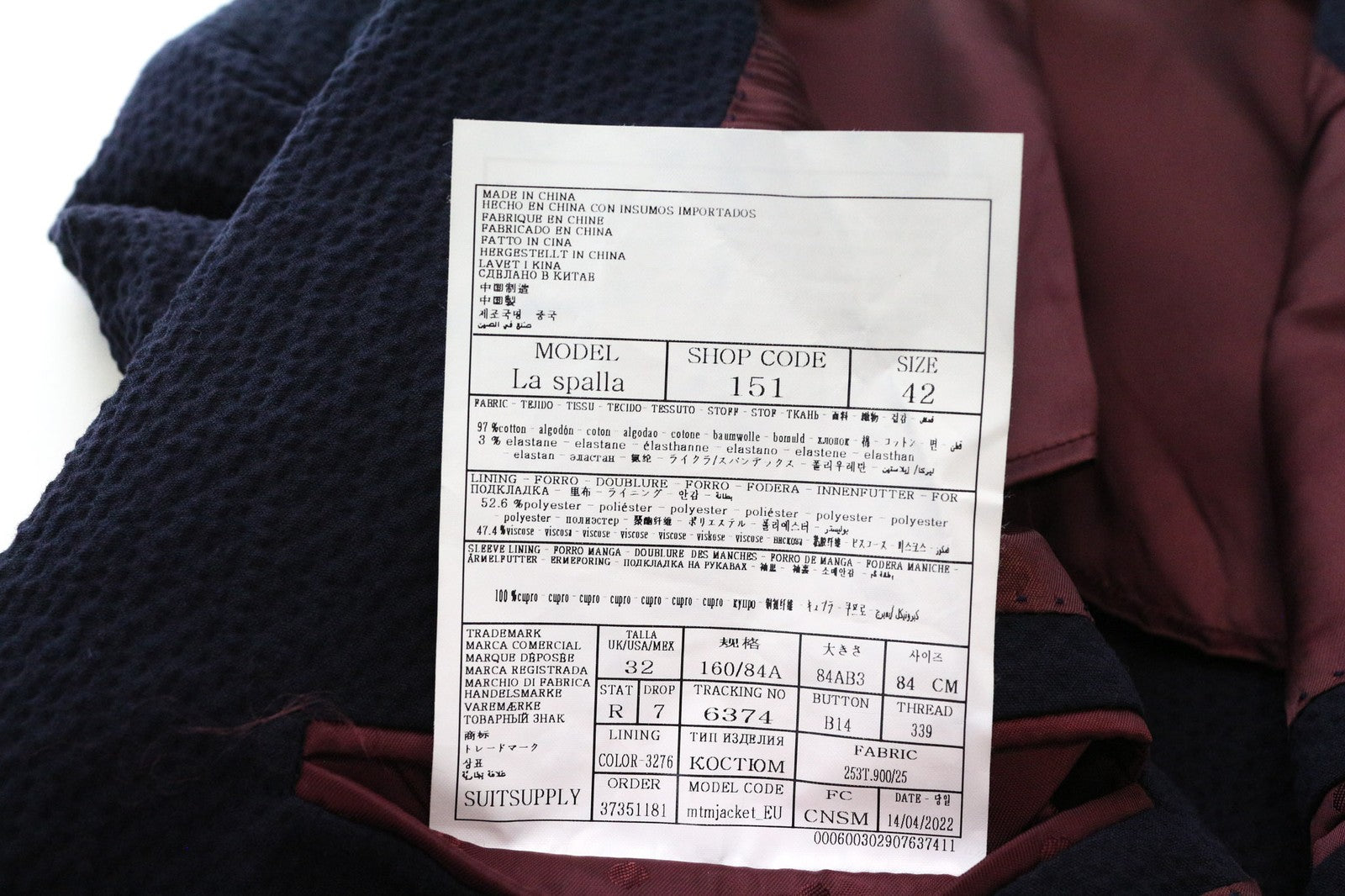 SUITSUPPLY La Spalla Men's Blazer UK32R Navy Blue Cotton Stretch Crinkled Finish