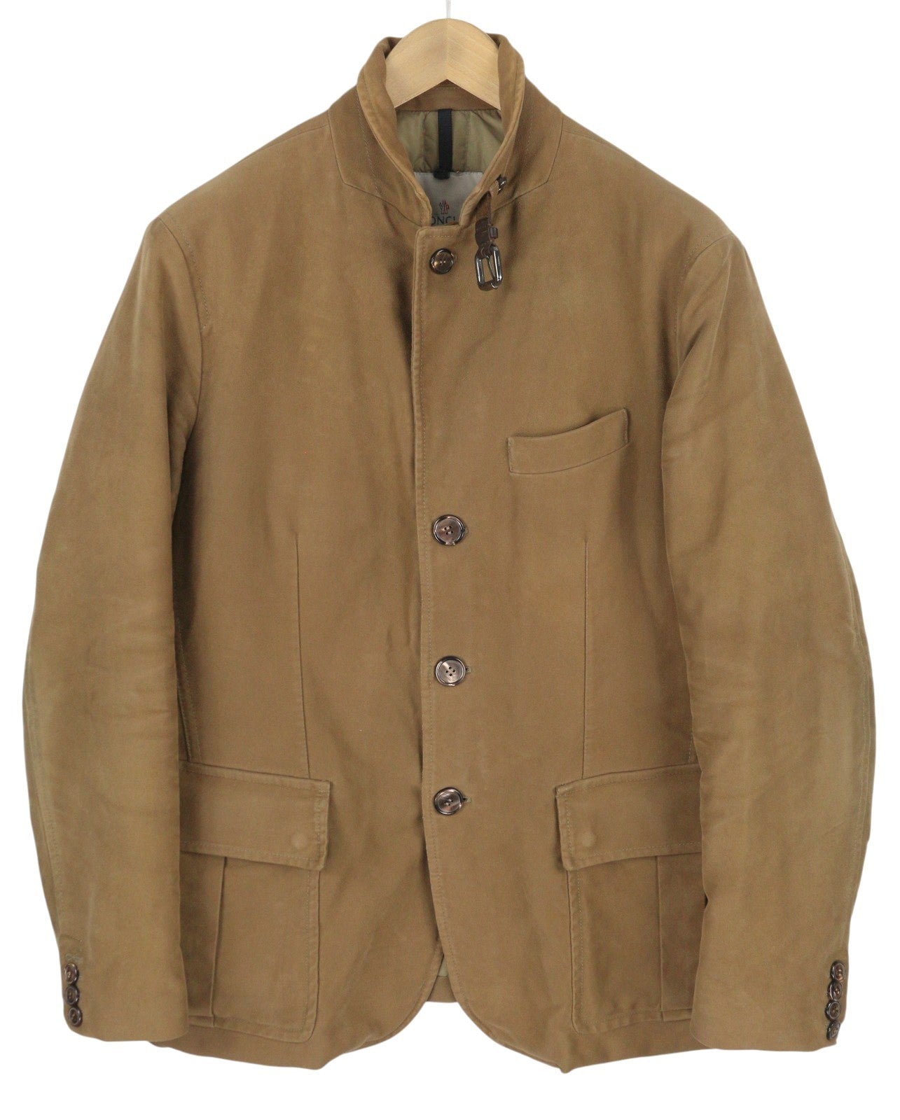 MONCLER vyriška striukė XL dydžio, ruda, su užtrauktuku ir sagomis, aukšta apykakle. 