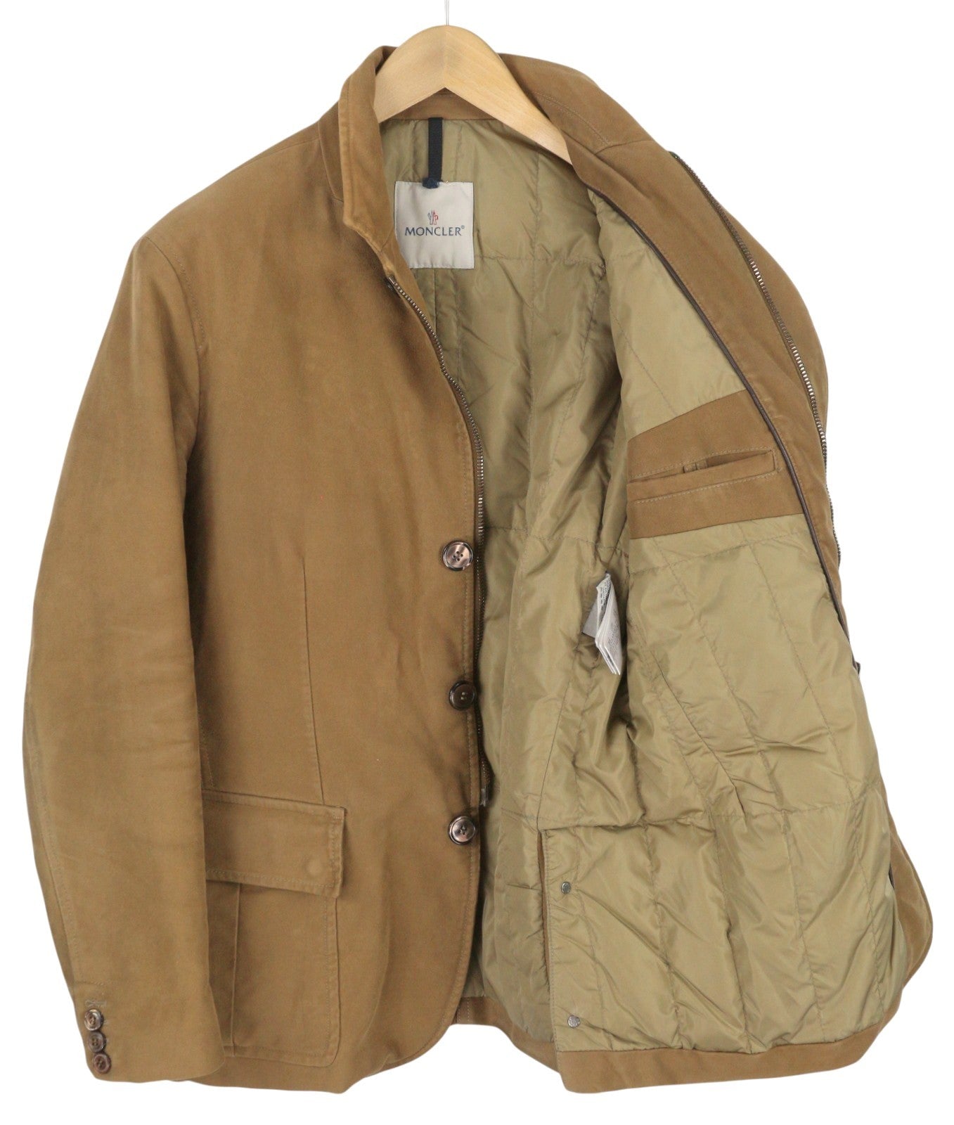 MONCLER vyriška striukė XL dydžio, ruda, su užtrauktuku ir sagomis, aukšta apykakle. 