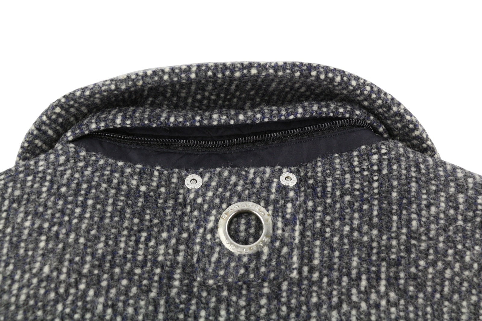 GAASTRA moteriškas paltas M melanžo rašto su vilnos mišinio aukštu kaklu, vidutinio ilgio su logotipu 