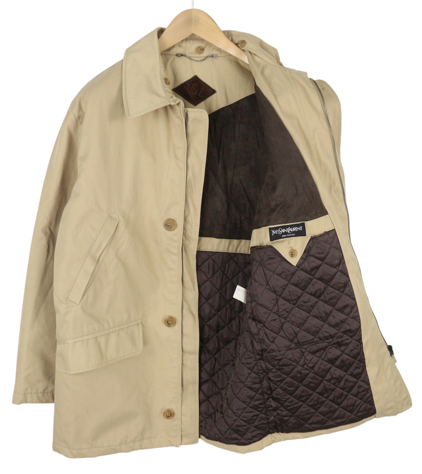 YVES SAINT LAURENT vyriškas švarkas, 48 ​​m., smėlio spalvos, su užtrauktuku ir išskleidžiama apykakle, vintažinio stiliaus pamušalu. 