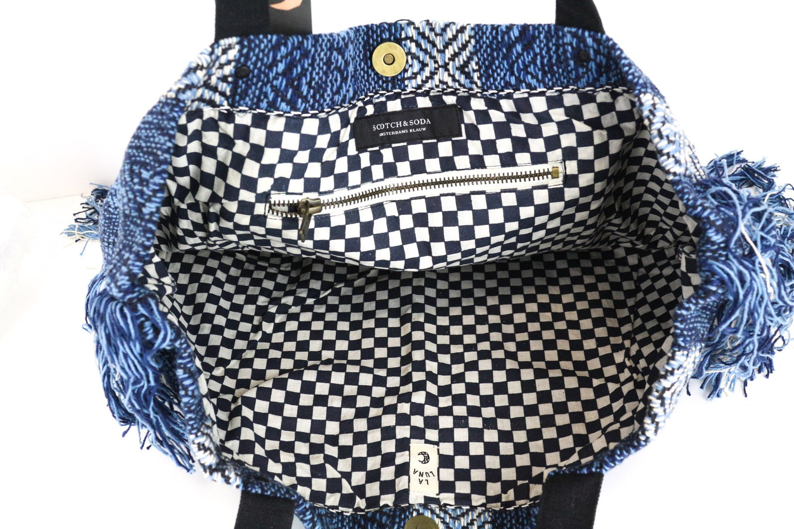 SCOTCH &amp; SODA moteriška rankinė, vieno dydžio, šviesiai mėlyna, raštuota, su logotipu, pamušalu ir kutais. 