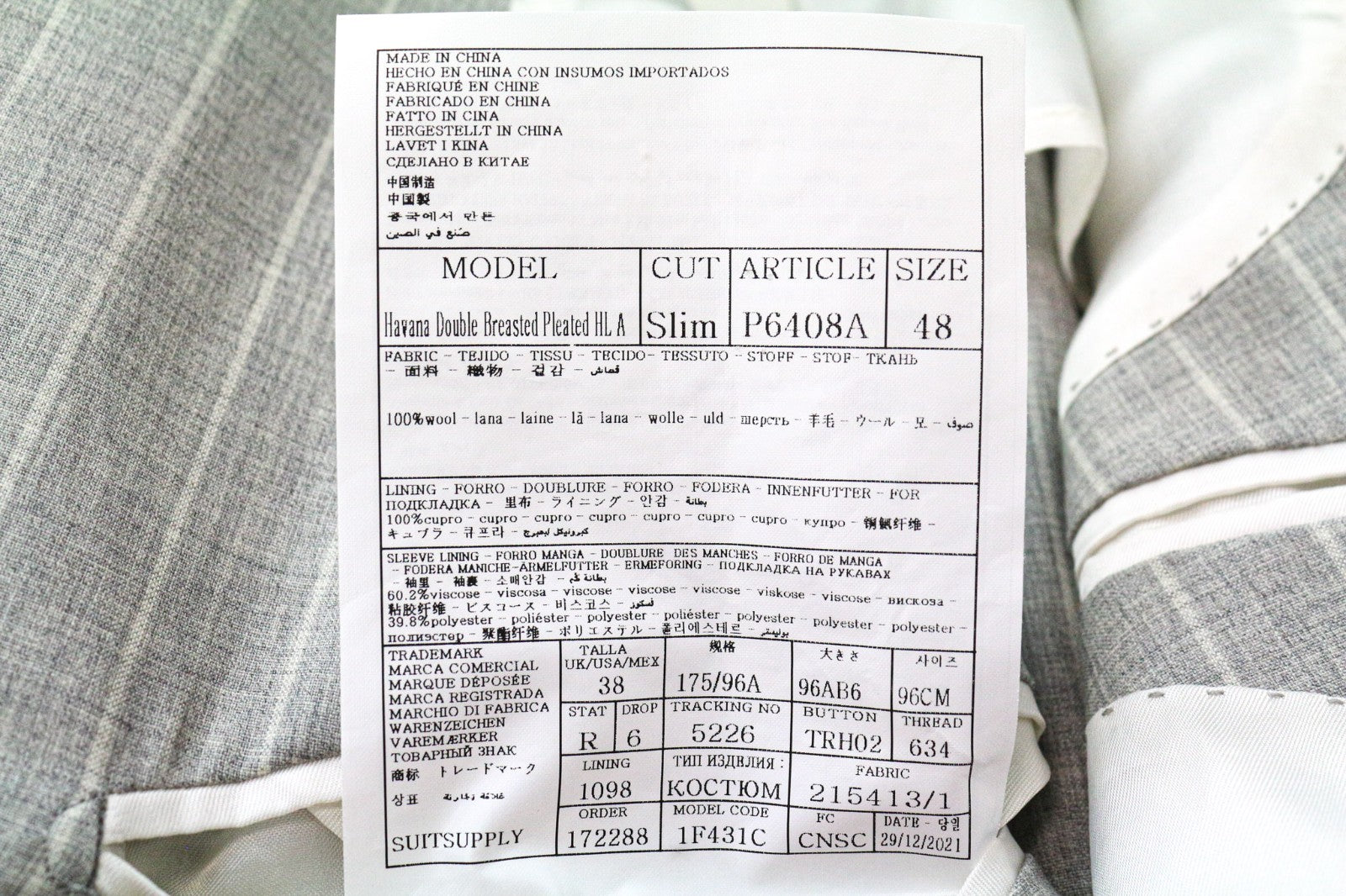 SUITSUPPLY Havana Double Breasted Men's Suit UK38R Grey Striped Wool S130 Slim