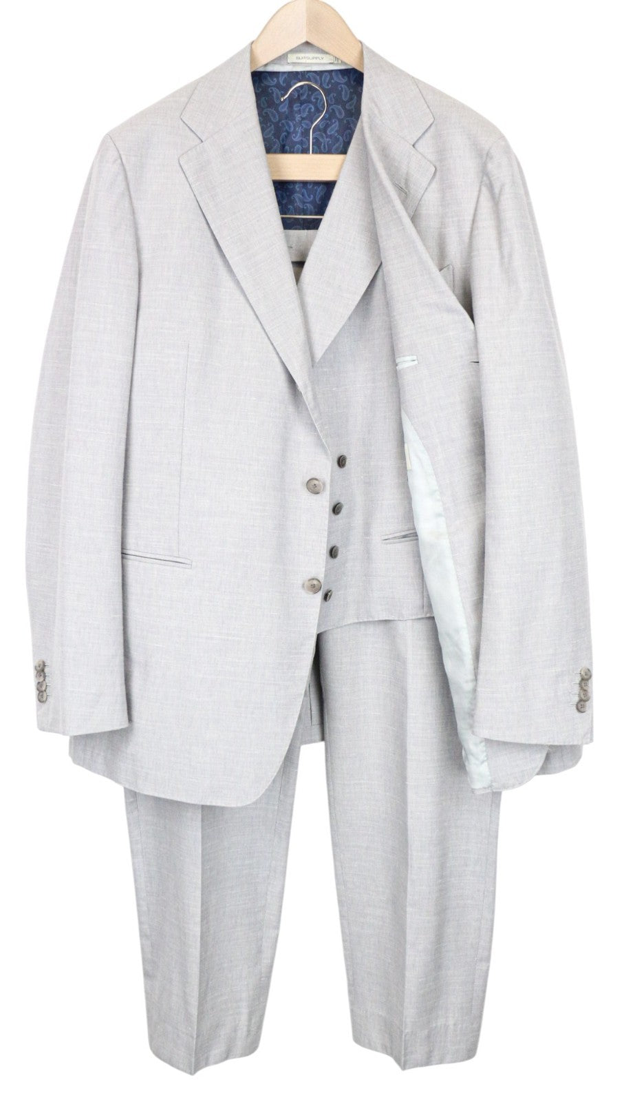 SUITSUPPLY Havana Jetted Men's Suit UK50R Grey Melange Slim 3pc Wool Silk Linen