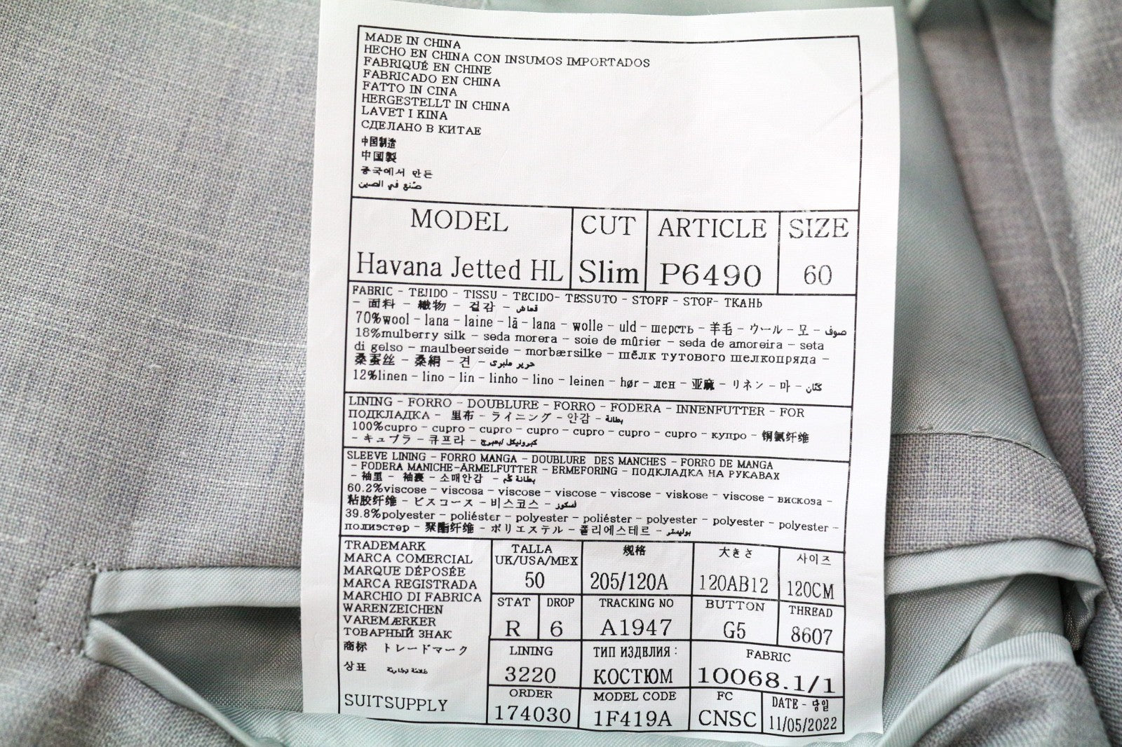 SUITSUPPLY Havana Jetted Men's Suit UK50R Grey Melange Slim 3pc Wool Silk Linen