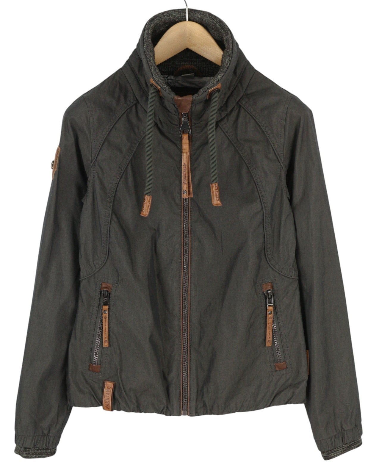 NAKETANO Women Jacket S Grey High Neck Lined Pockets Long Sleeve Lightweight