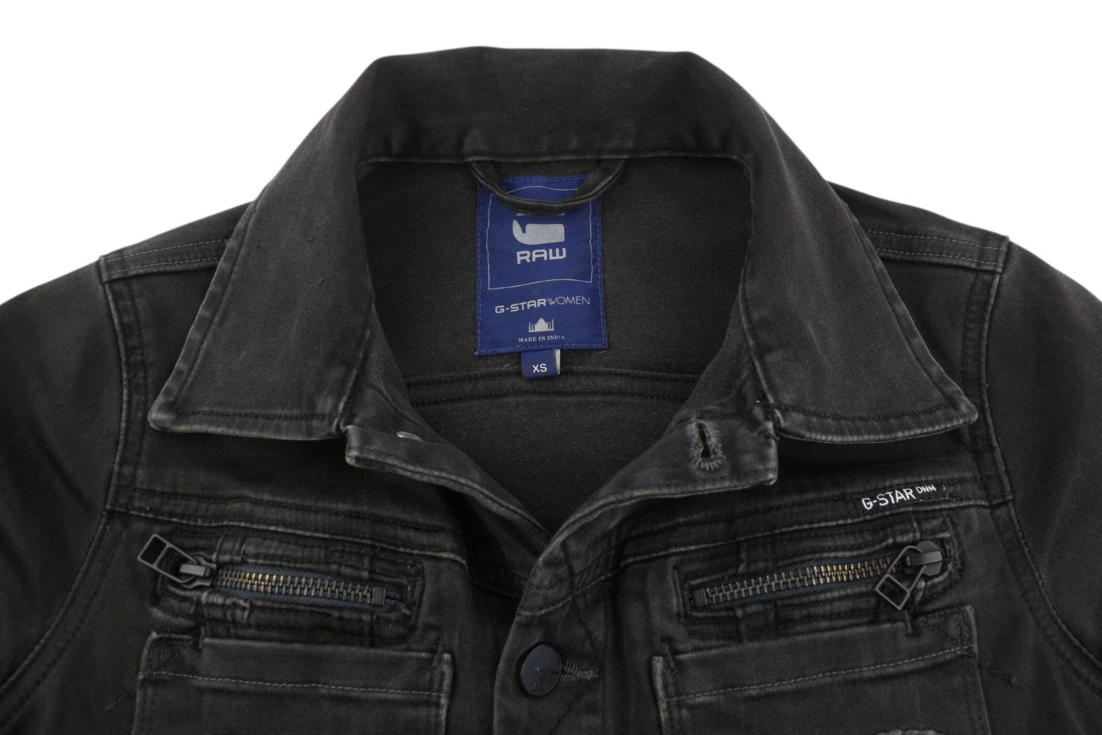 G-STAR Fender Slim Tailor Jkt moteriška striukė, XS, juoda, džinsinio audinio, tampri, su sagomis užsegama. 