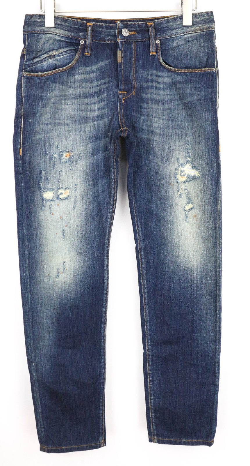 TAKESHY KUROSAWA vyriški džinsai W32 mėlyni, grynos medvilnės, dirbtinai sendinti, ploni, skalbti 