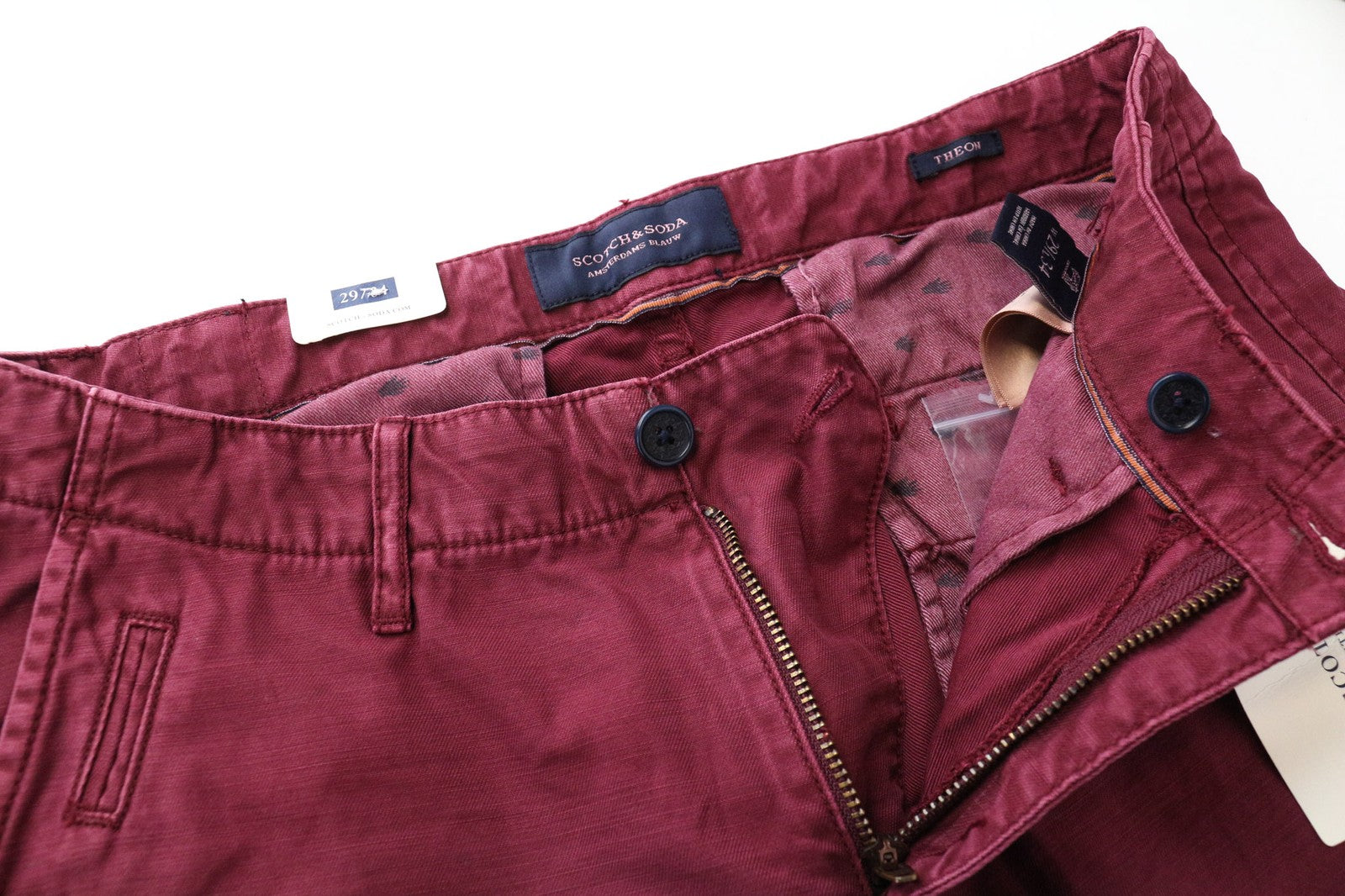 SCOTCH & SODA Theon Men's Trousers W29/L34 Slim Burgundy Pure Cotton Tapered