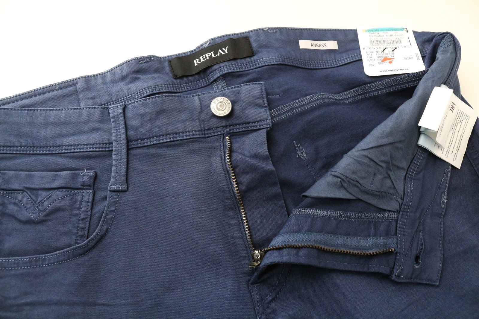 REPLAY Anbass Men's Trousers W30/L34 Slim Casual Blue Stretch Cotton 5-Pocket