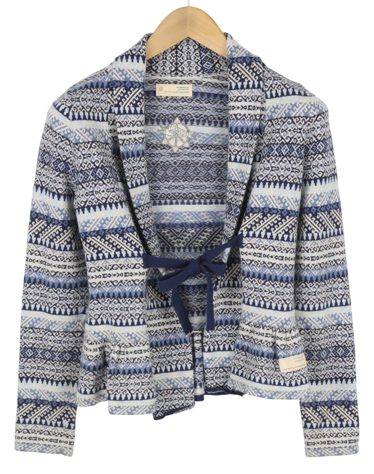 ODD MOLLY 616M-654B moteriškas megztinis XS mėlynas raštuotas megztas petnešėlėmis logotipo kardiganas 