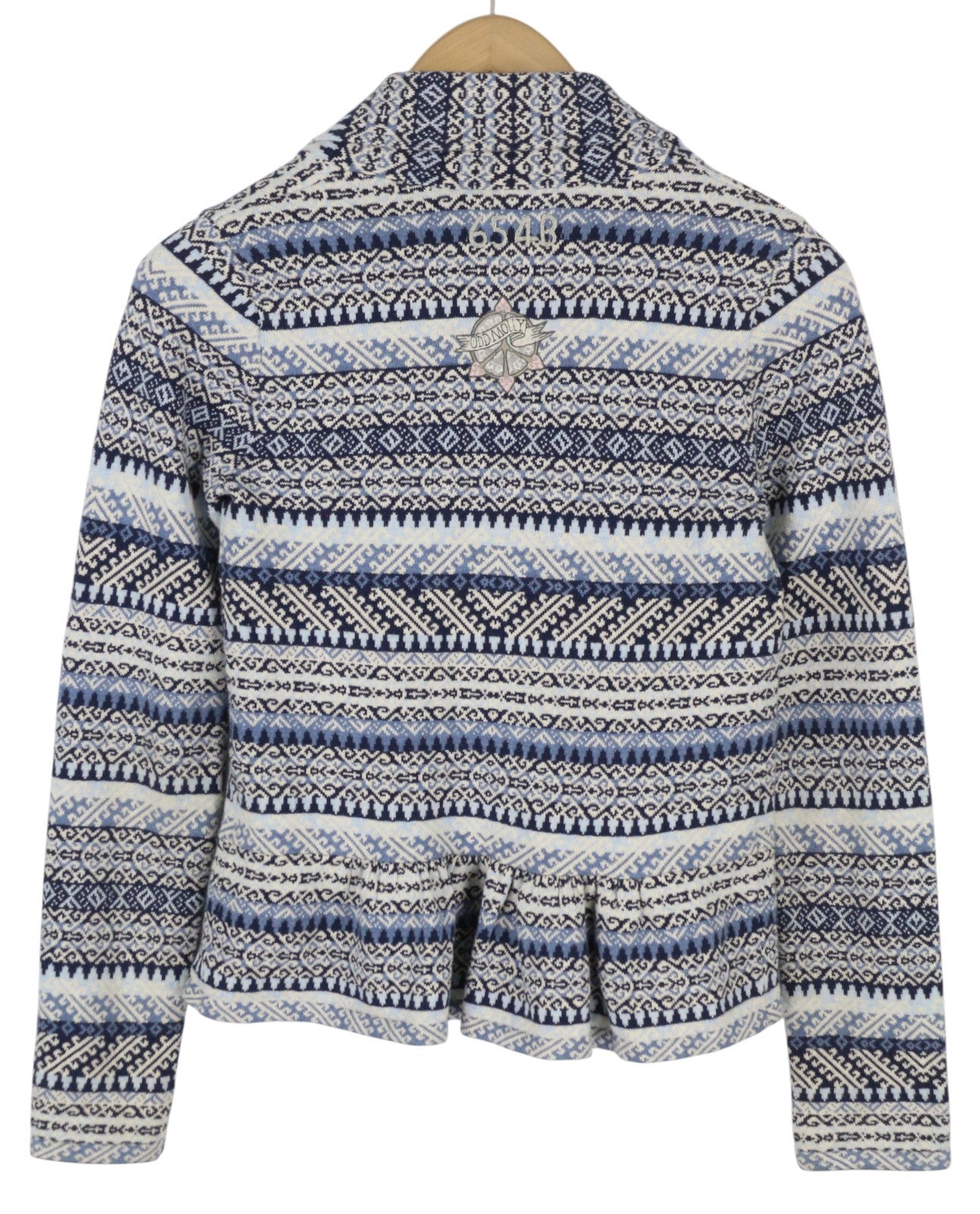ODD MOLLY 616M-654B moteriškas megztinis XS mėlynas raštuotas megztas petnešėlėmis logotipo kardiganas 