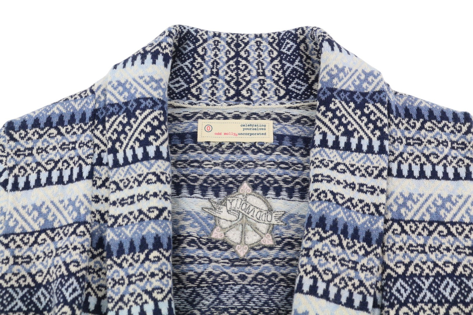 ODD MOLLY 616M-654B moteriškas megztinis XS mėlynas raštuotas megztas petnešėlėmis logotipo kardiganas 