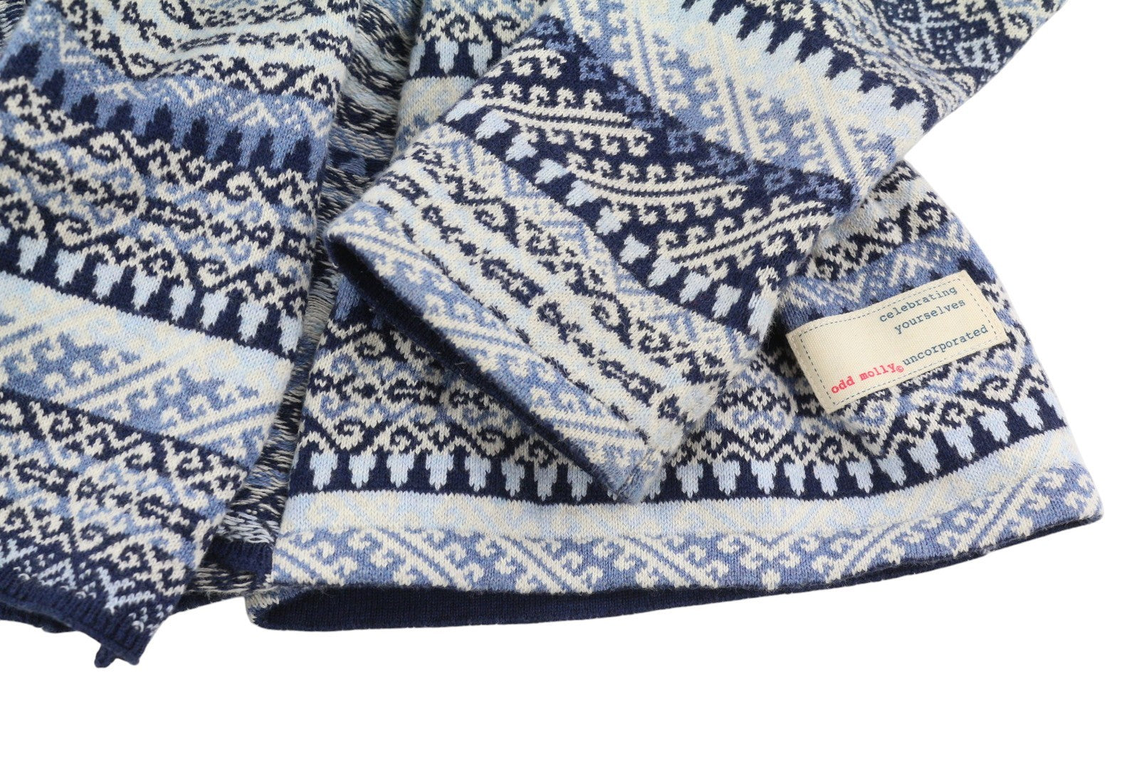 ODD MOLLY 616M-654B moteriškas megztinis XS mėlynas raštuotas megztas petnešėlėmis logotipo kardiganas 