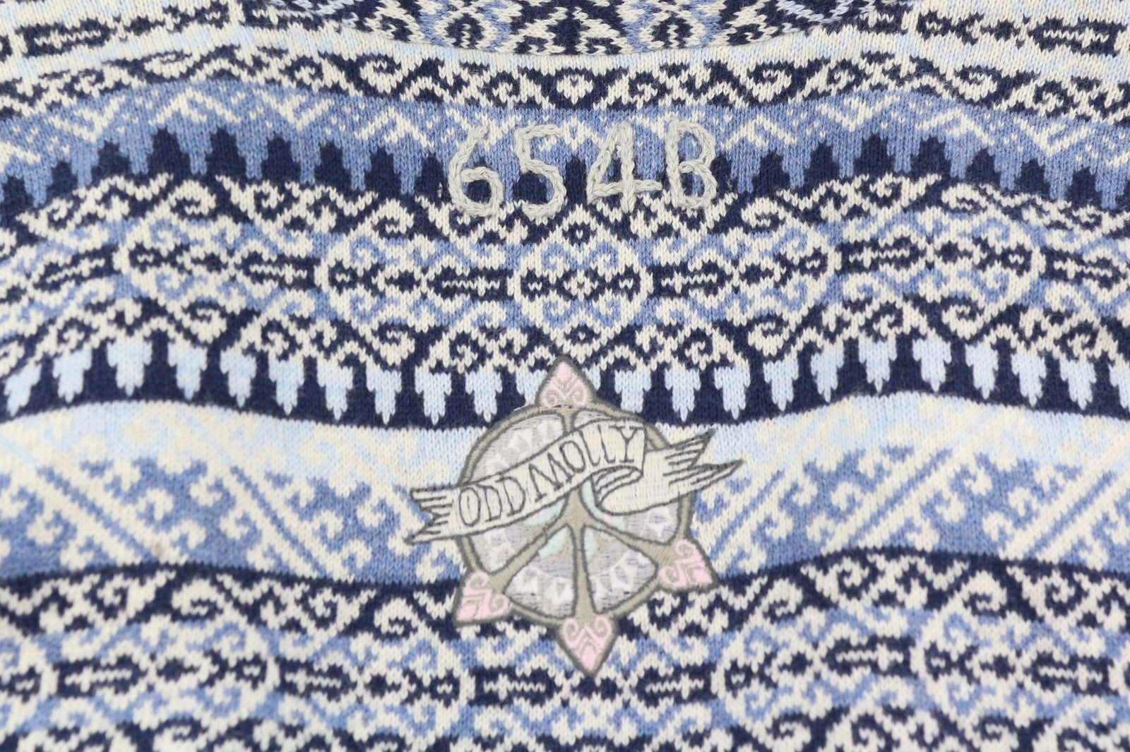 ODD MOLLY 616M-654B moteriškas megztinis XS mėlynas raštuotas megztas petnešėlėmis logotipo kardiganas 