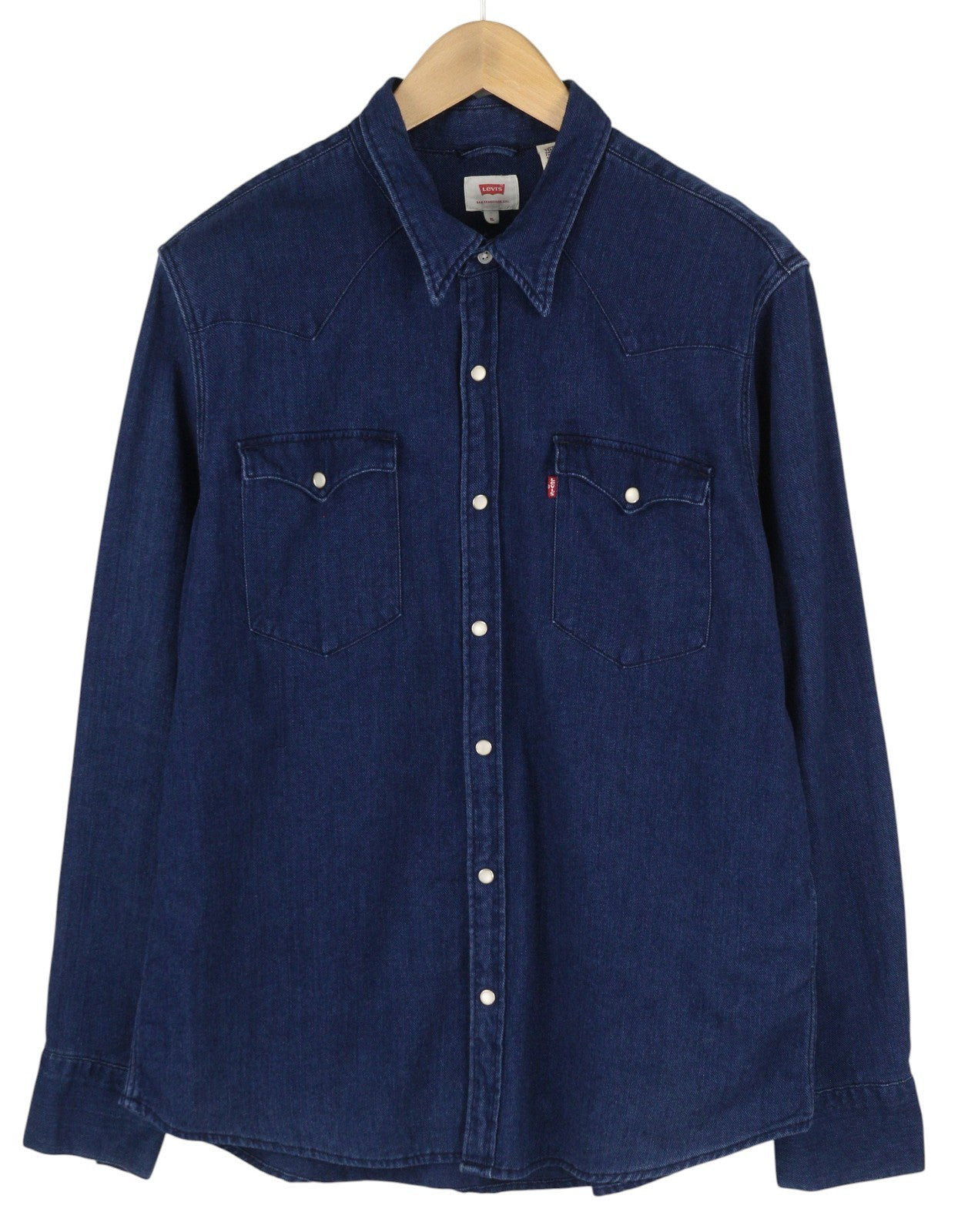 LEVI'S vyriški marškinėliai XL dydžio mėlyni džinsiniai vesterno stiliaus marškinėliai su sagomis, išskleidžiama kaklo dalimis, kišenės uždėtos. 