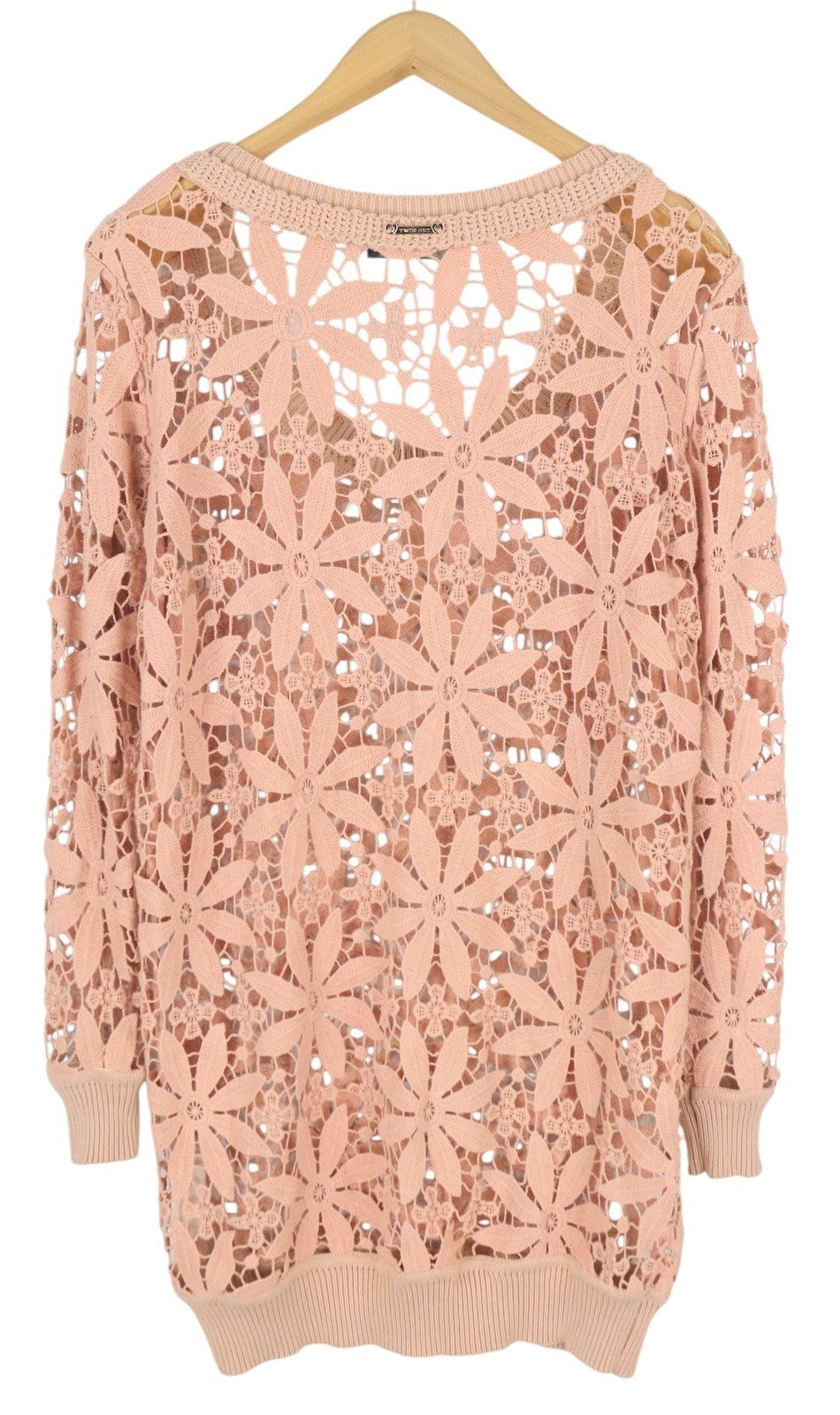 TWINSET Simona Barbieri moteriškas megztinis S dydžio gėlėtas ažūrinis permatomas megztinis 