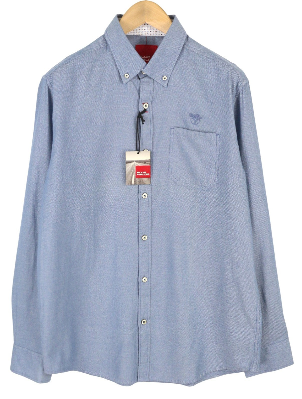 BLUE FIELDS vyriški marškinėliai L dydžio, mėlyni, raštuoti, su sagomis užsegama apykakle, kišenėmis laisvalaikiui