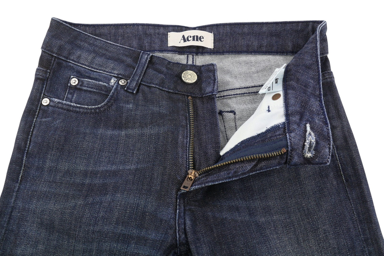 ACNE Hex/Over moteriški džinsai W26 tamsiai mėlyni išblukę ūsai tiesus kirpimas 