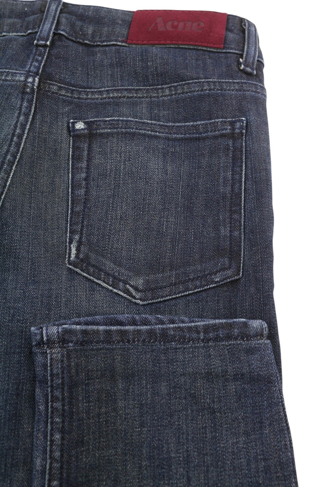 ACNE Hex/Over moteriški džinsai W26 tamsiai mėlyni išblukę ūsai tiesus kirpimas 