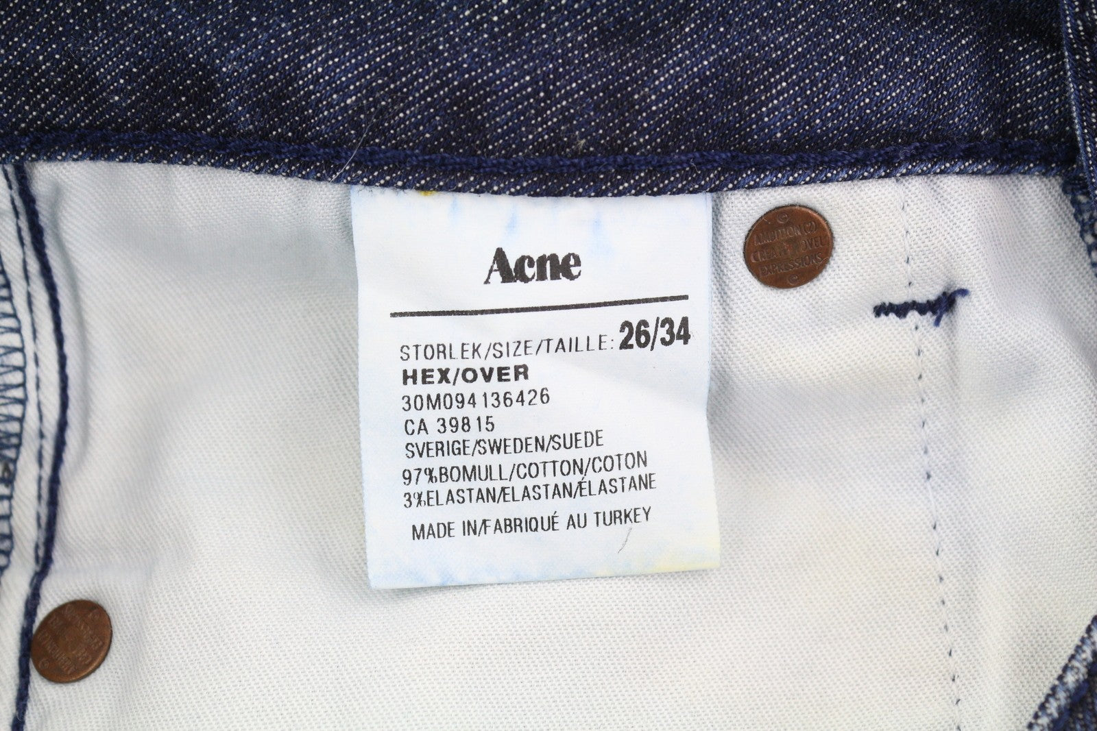 ACNE Hex/Over moteriški džinsai W26 tamsiai mėlyni išblukę ūsai tiesus kirpimas 