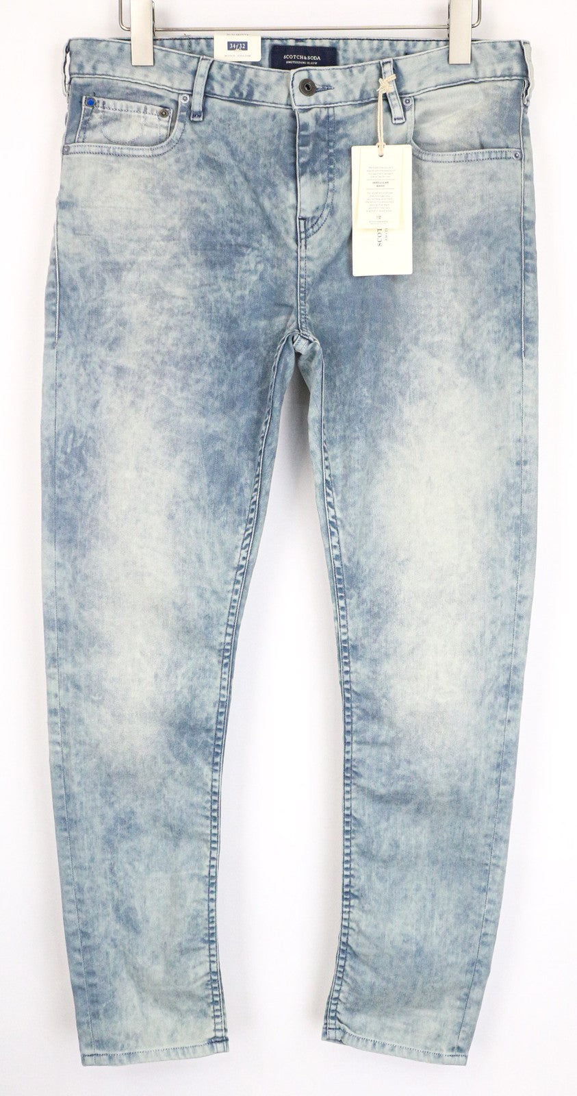 SCOTCH &amp; SODA Skim vyriški džinsai W34/L32 aptempti, tamprūs, mėlyni, skalbto džinso rašto džinsai 